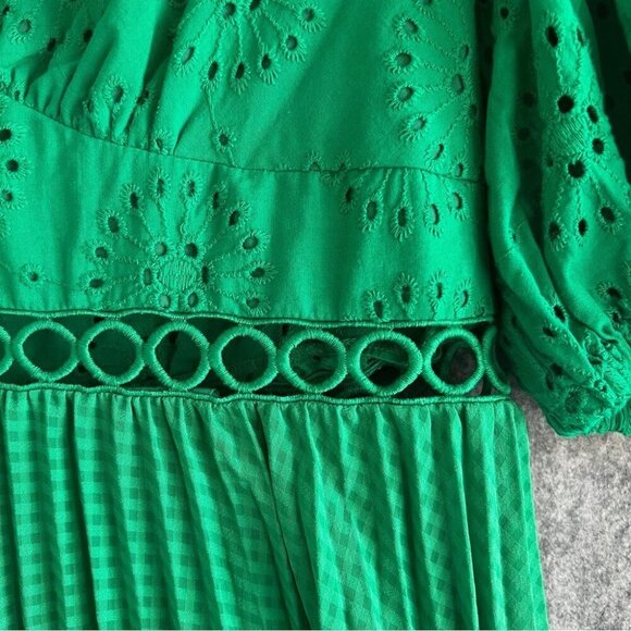 ASOS Broderie Pleated Midi Tea Dress Puff Sleeve Emerald Green Size 12 - Picture 12 of 12